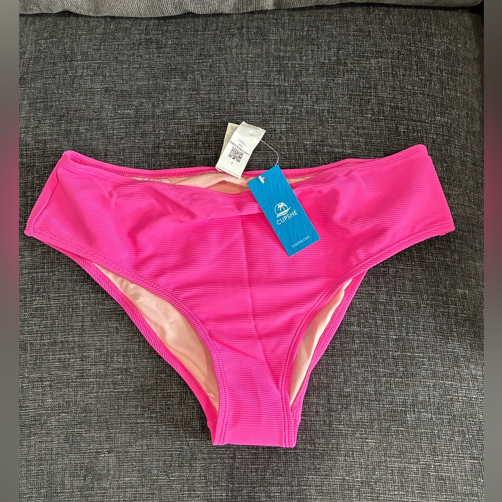 NWT Cupshe Hot Pink Ribbed High Waisted Bikini Bottom - Large